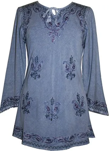 117 B Embroidered Front V Neck Rope Tie Vintage Blouse