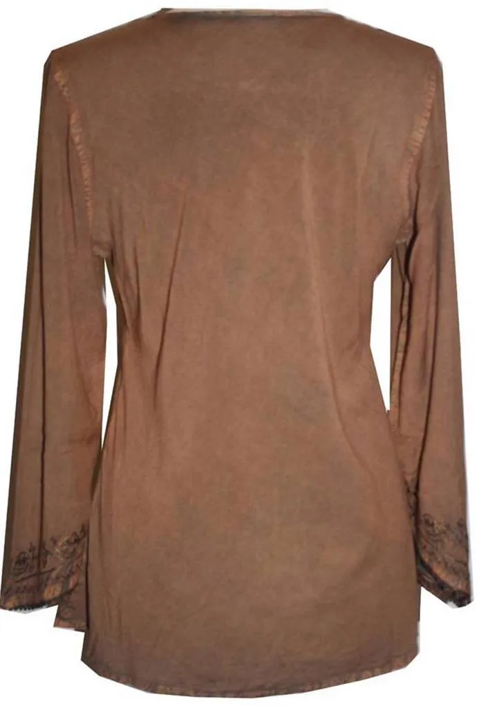 117 B Embroidered Front V Neck Rope Tie Vintage Blouse