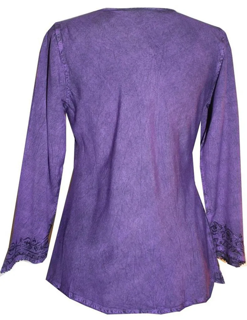 117 B Embroidered Front V Neck Rope Tie Vintage Blouse