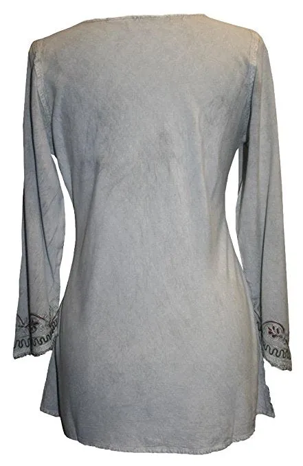 117 B Embroidered Front V Neck Rope Tie Vintage Blouse