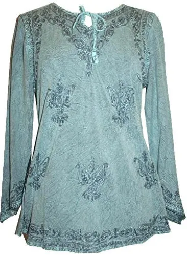117 B Embroidered Front V Neck Rope Tie Vintage Blouse