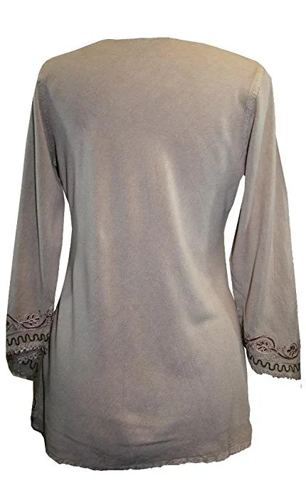 117 B Embroidered Front V Neck Rope Tie Vintage Blouse