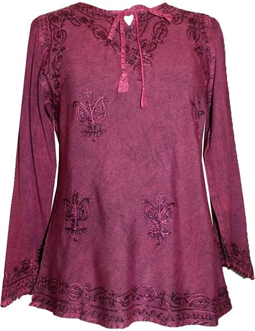 117 B Embroidered Front V Neck Rope Tie Vintage Blouse