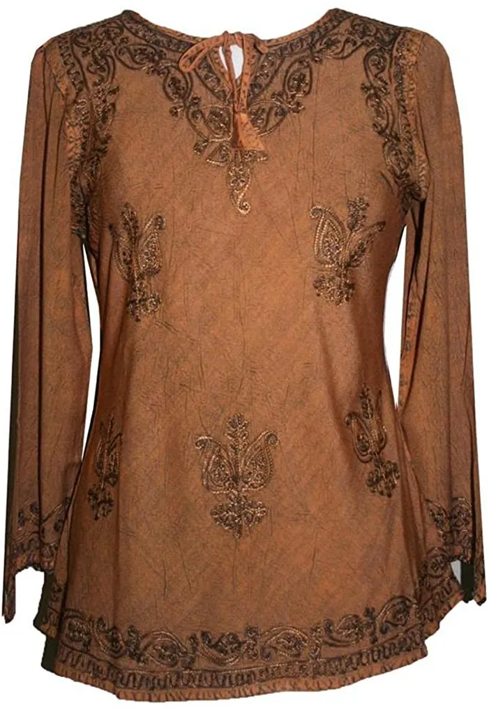 117 B Embroidered Front V Neck Rope Tie Vintage Blouse
