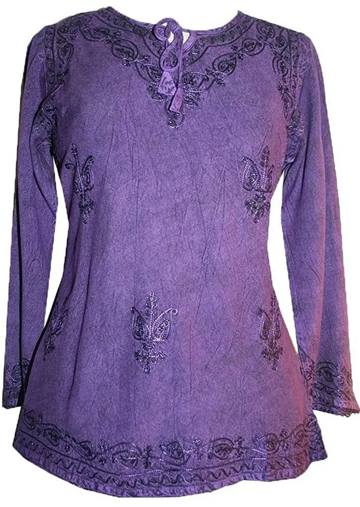 117 B Embroidered Front V Neck Rope Tie Vintage Blouse