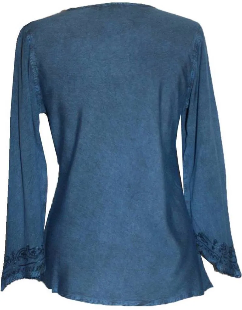 117 B Embroidered Front V Neck Rope Tie Vintage Blouse