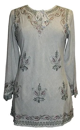 117 B Embroidered Front V Neck Rope Tie Vintage Blouse