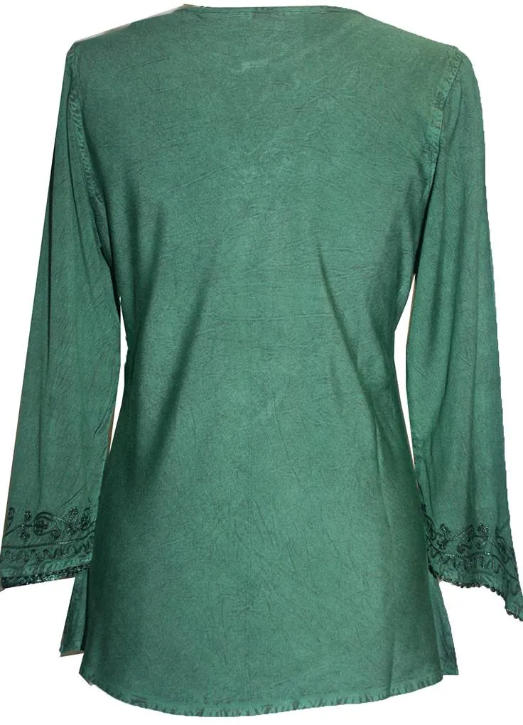 117 B Embroidered Front V Neck Rope Tie Vintage Blouse