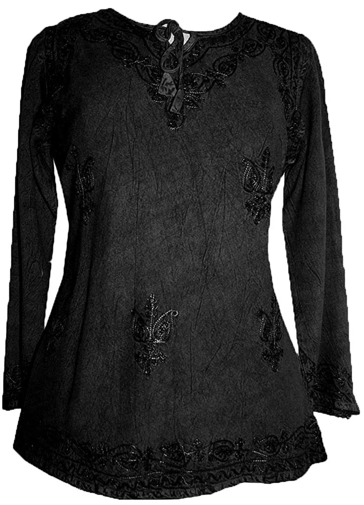 117 B Embroidered Front V Neck Rope Tie Vintage Blouse