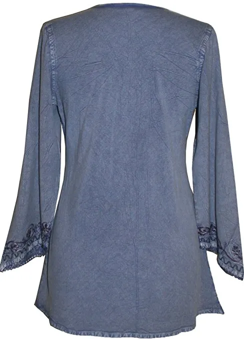 117 B Embroidered Front V Neck Rope Tie Vintage Blouse
