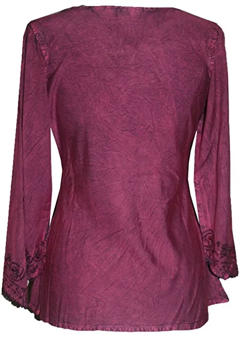 117 B Embroidered Front V Neck Rope Tie Vintage Blouse