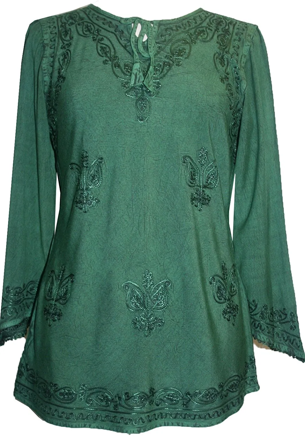 117 B Embroidered Front V Neck Rope Tie Vintage Blouse