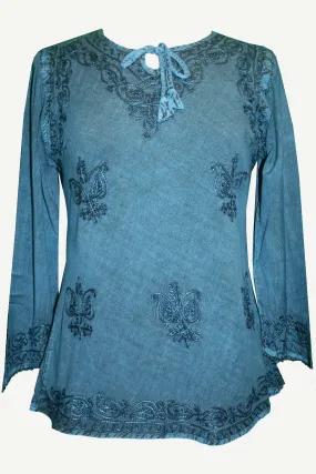 117 B Embroidered Front V Neck Rope Tie Vintage Blouse
