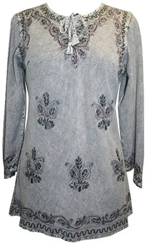117 B Embroidered Front V Neck Rope Tie Vintage Blouse