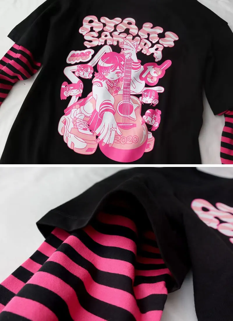 Anime Girl Print Striped Sleeve Combo Tee