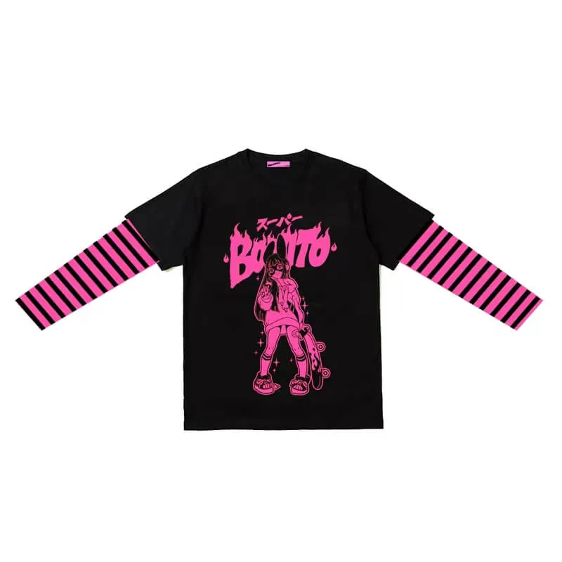 Anime Girl Print Striped Sleeve Combo Tee