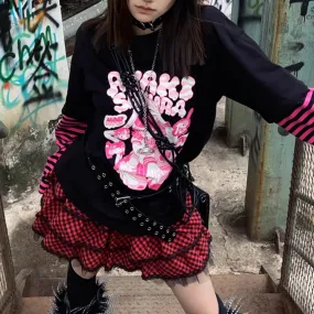Anime Girl Print Striped Sleeve Combo Tee