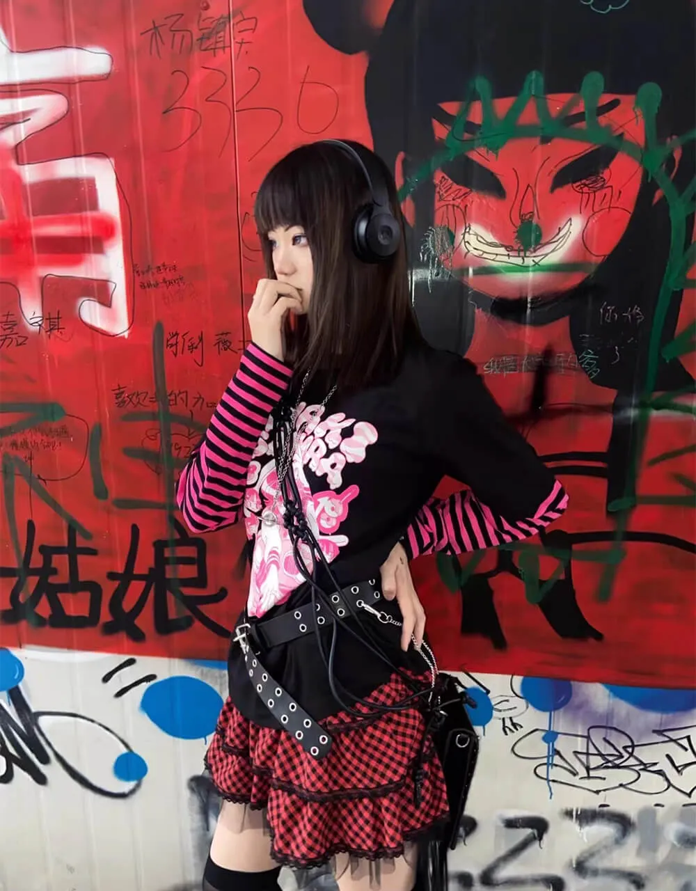 Anime Girl Print Striped Sleeve Combo Tee