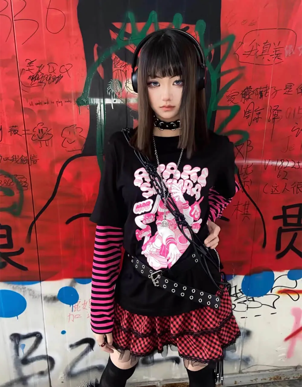 Anime Girl Print Striped Sleeve Combo Tee