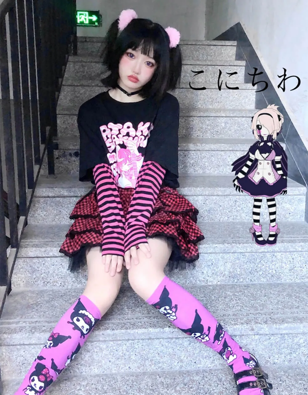 Anime Girl Print Striped Sleeve Combo Tee