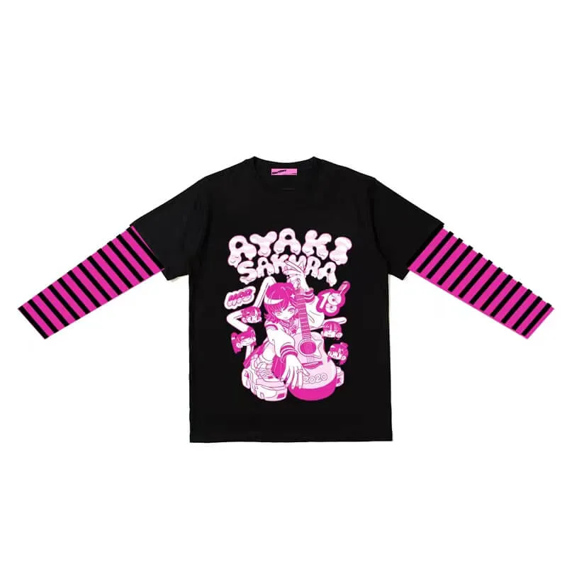 Anime Girl Print Striped Sleeve Combo Tee