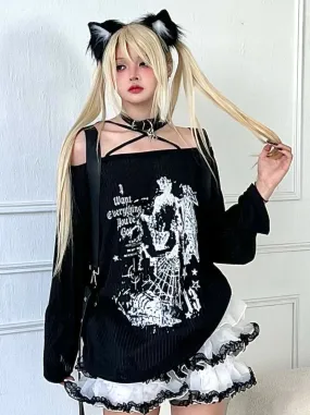 Anime Subculture Slim T Off-Shoulder Print Long Top