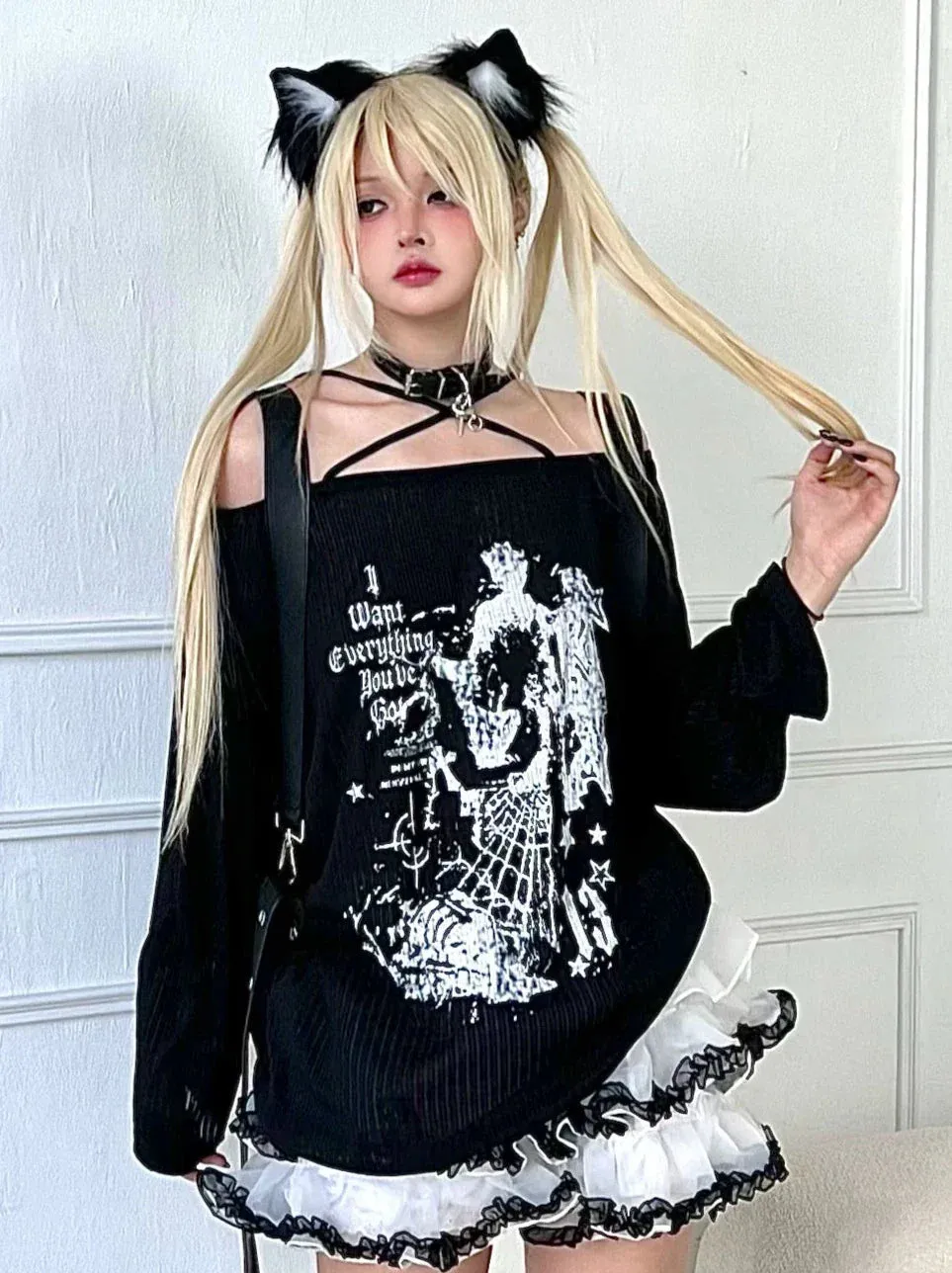 Anime Subculture Slim T Off-Shoulder Print Long Top