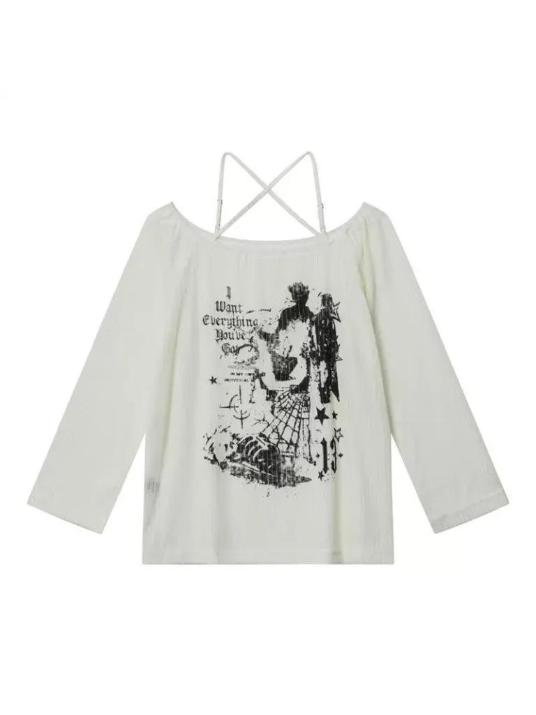Anime Subculture Slim T Off-Shoulder Print Long Top