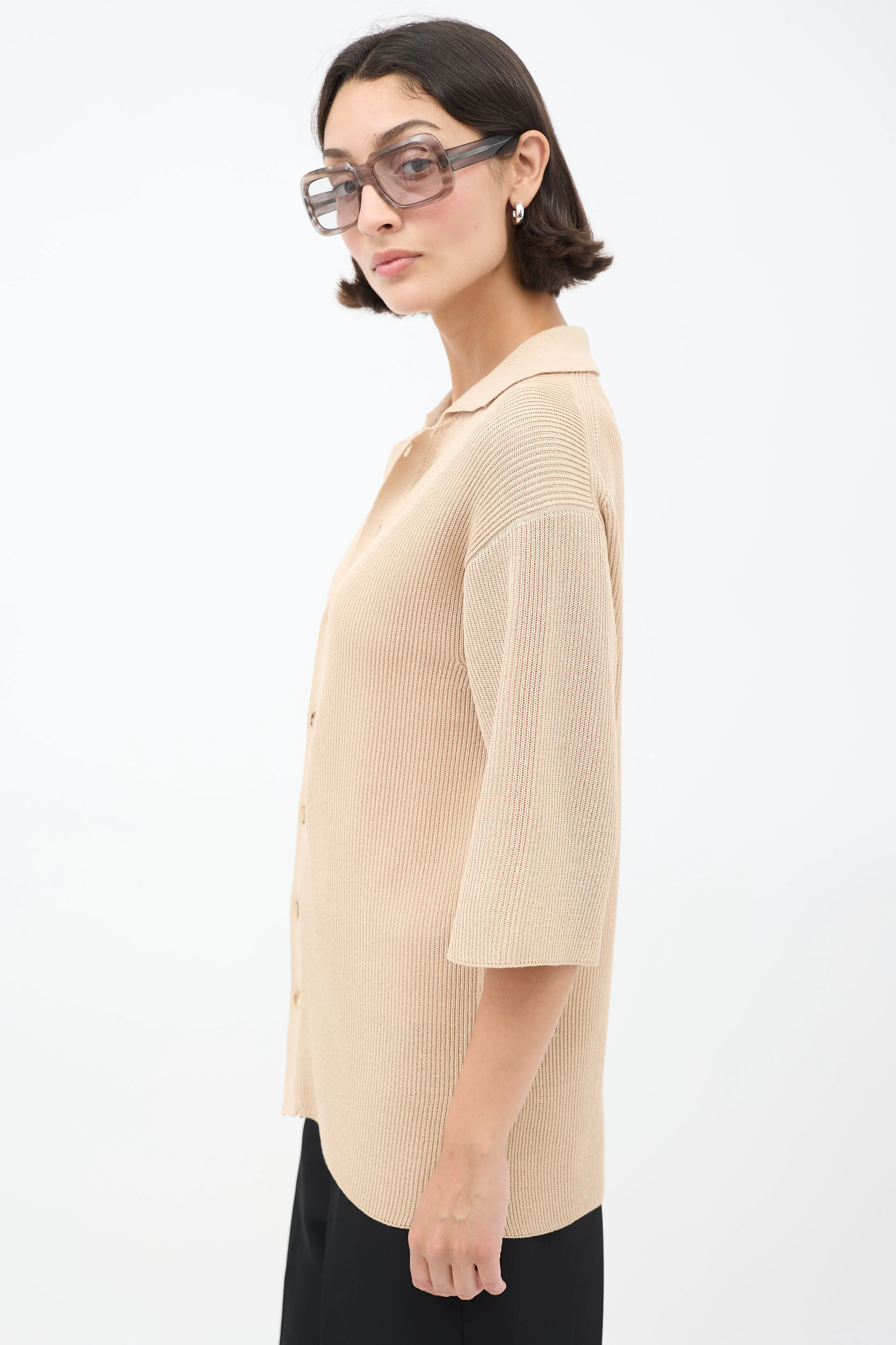 Beige Cotton Knit Button Up Shirt