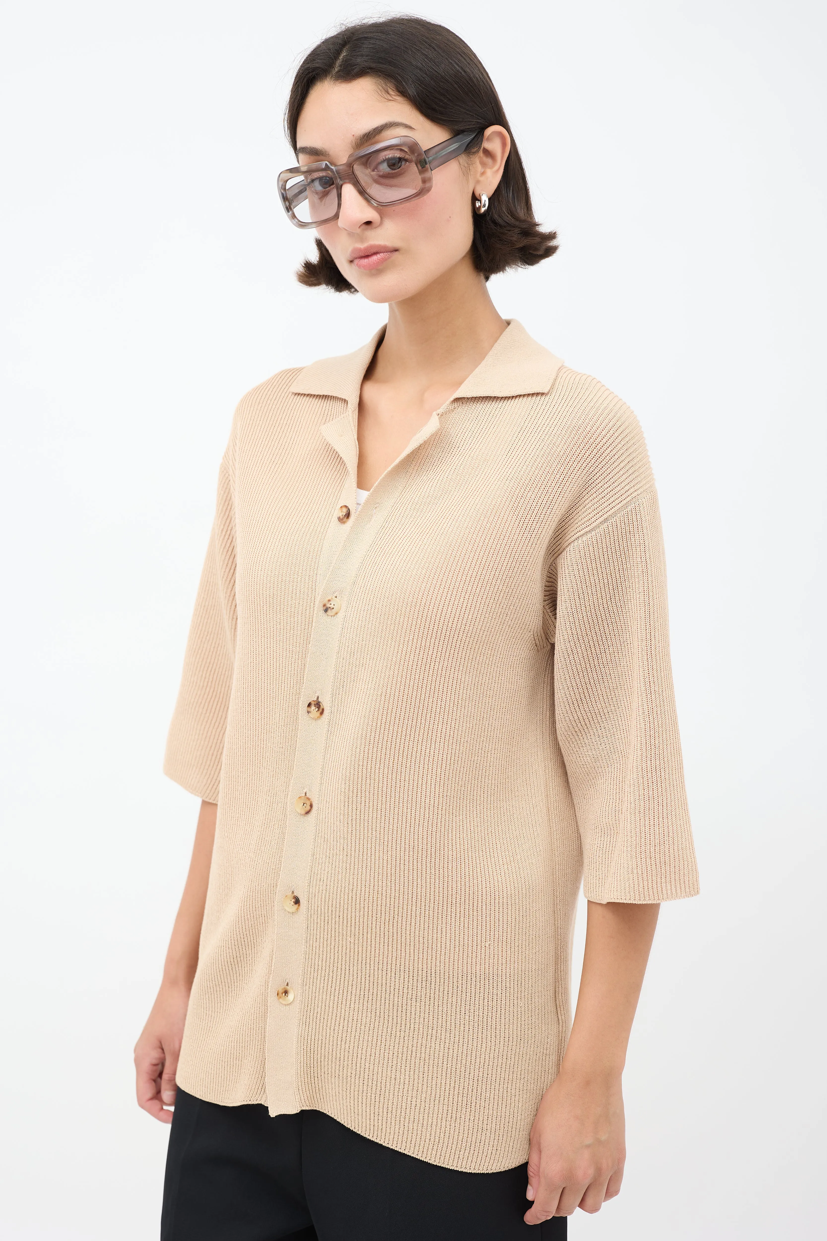 Beige Cotton Knit Button Up Shirt