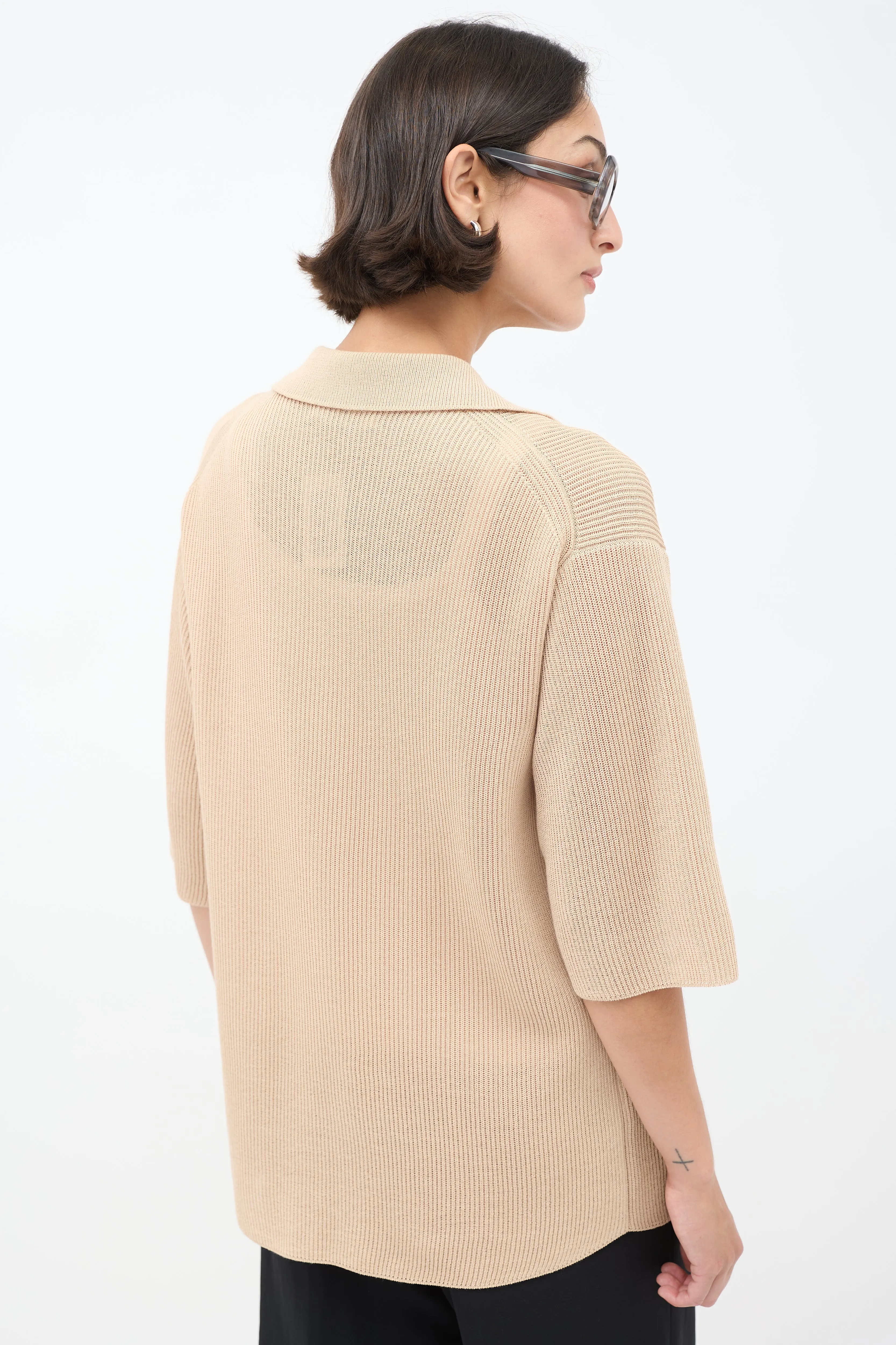 Beige Cotton Knit Button Up Shirt