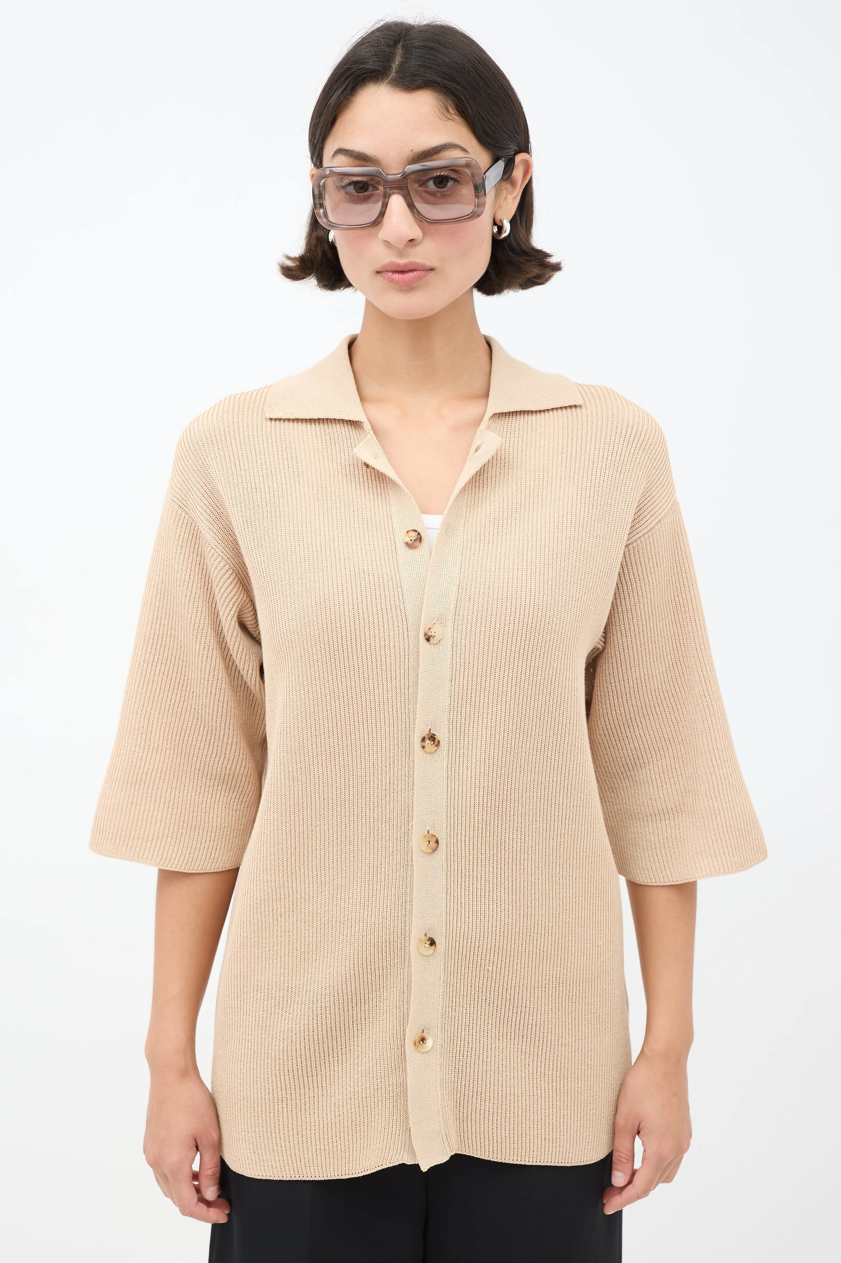 Beige Cotton Knit Button Up Shirt