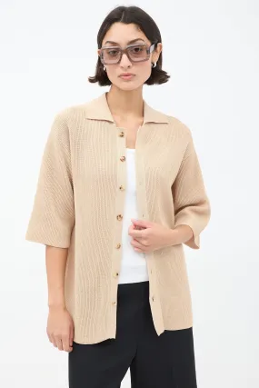 Beige Cotton Knit Button Up Shirt