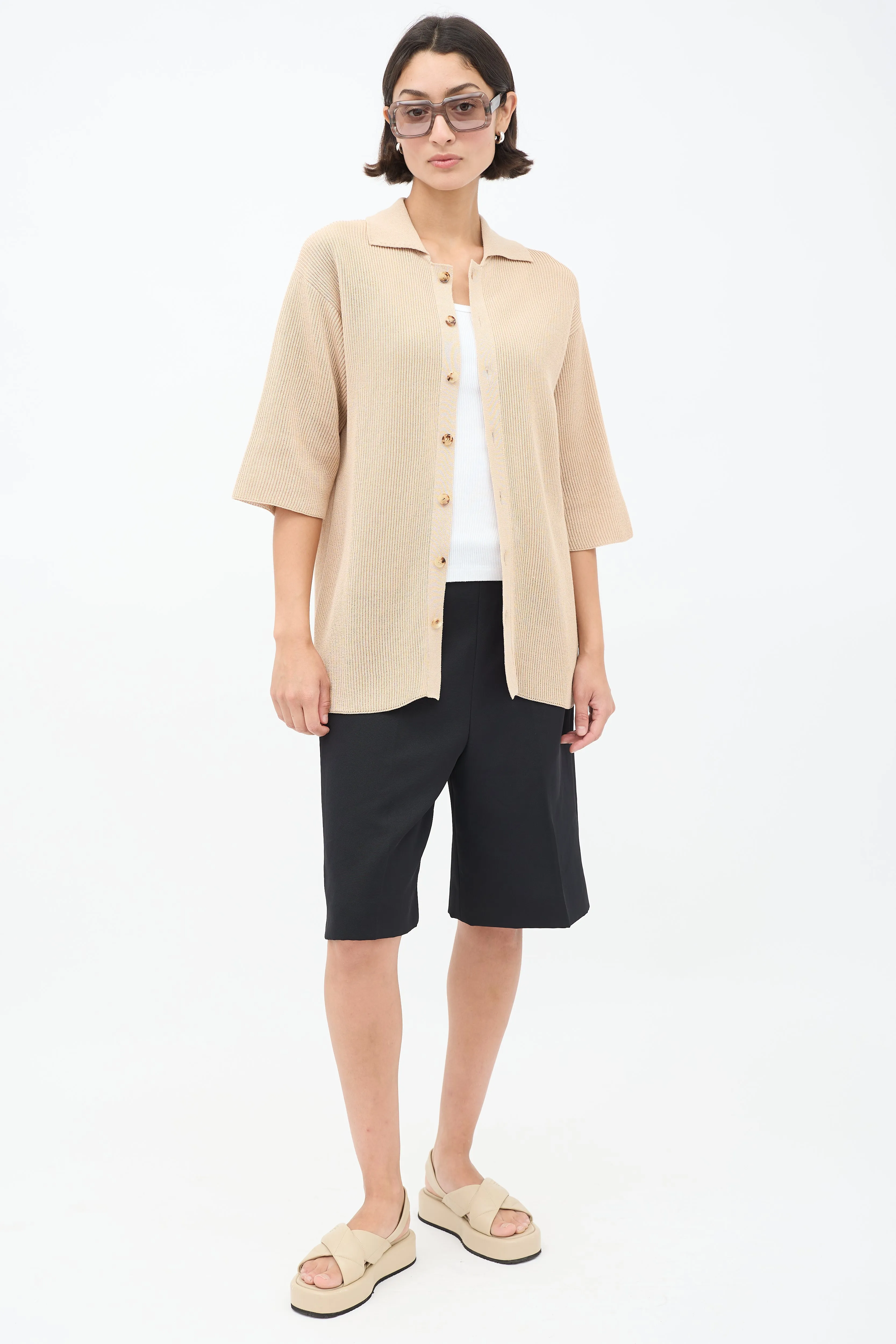 Beige Cotton Knit Button Up Shirt