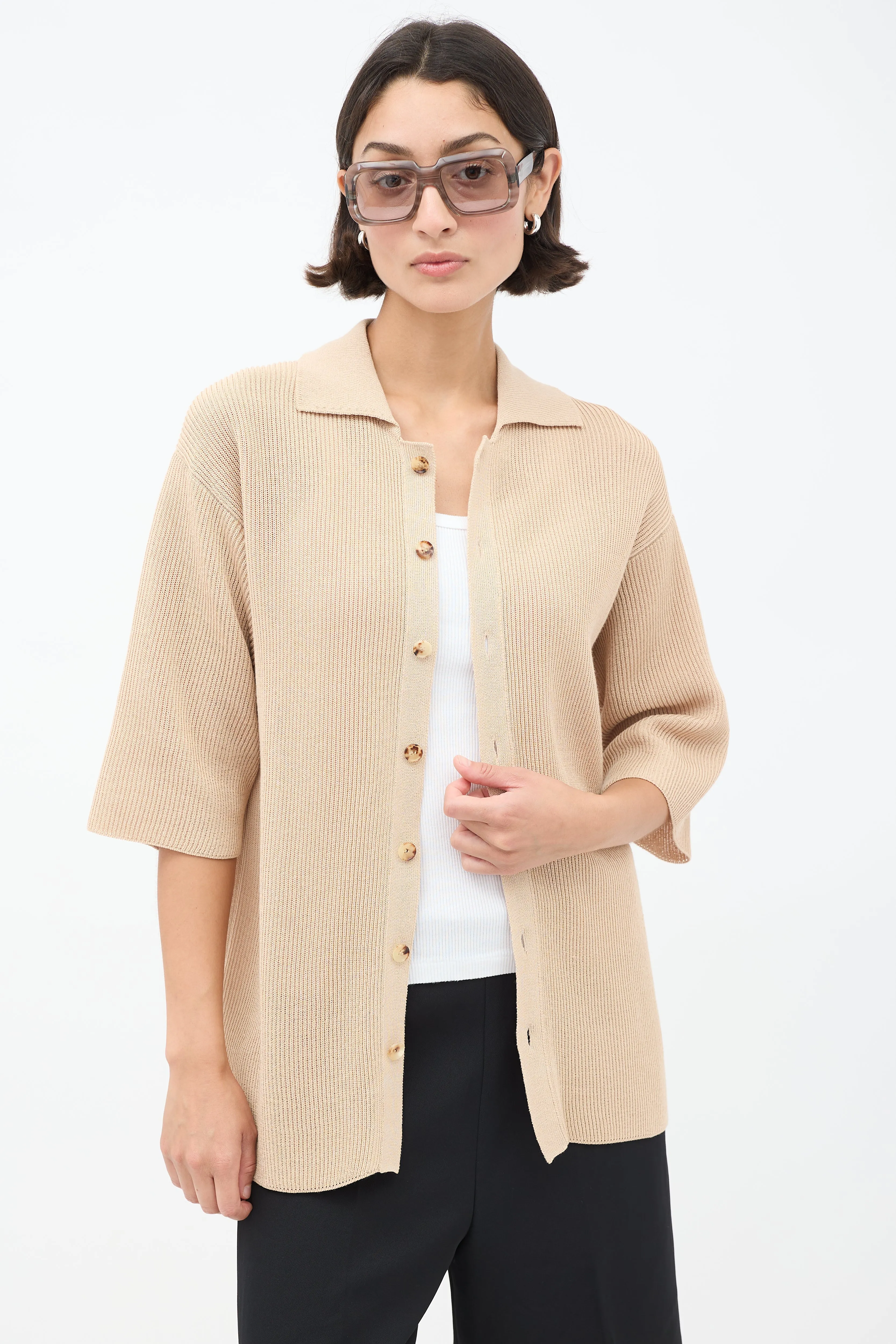 Beige Cotton Knit Button Up Shirt