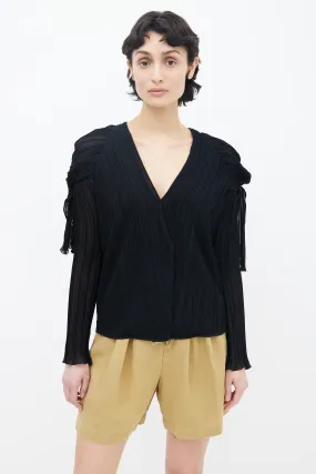 Black Pleated V-Neck Long Sleeve Blouse