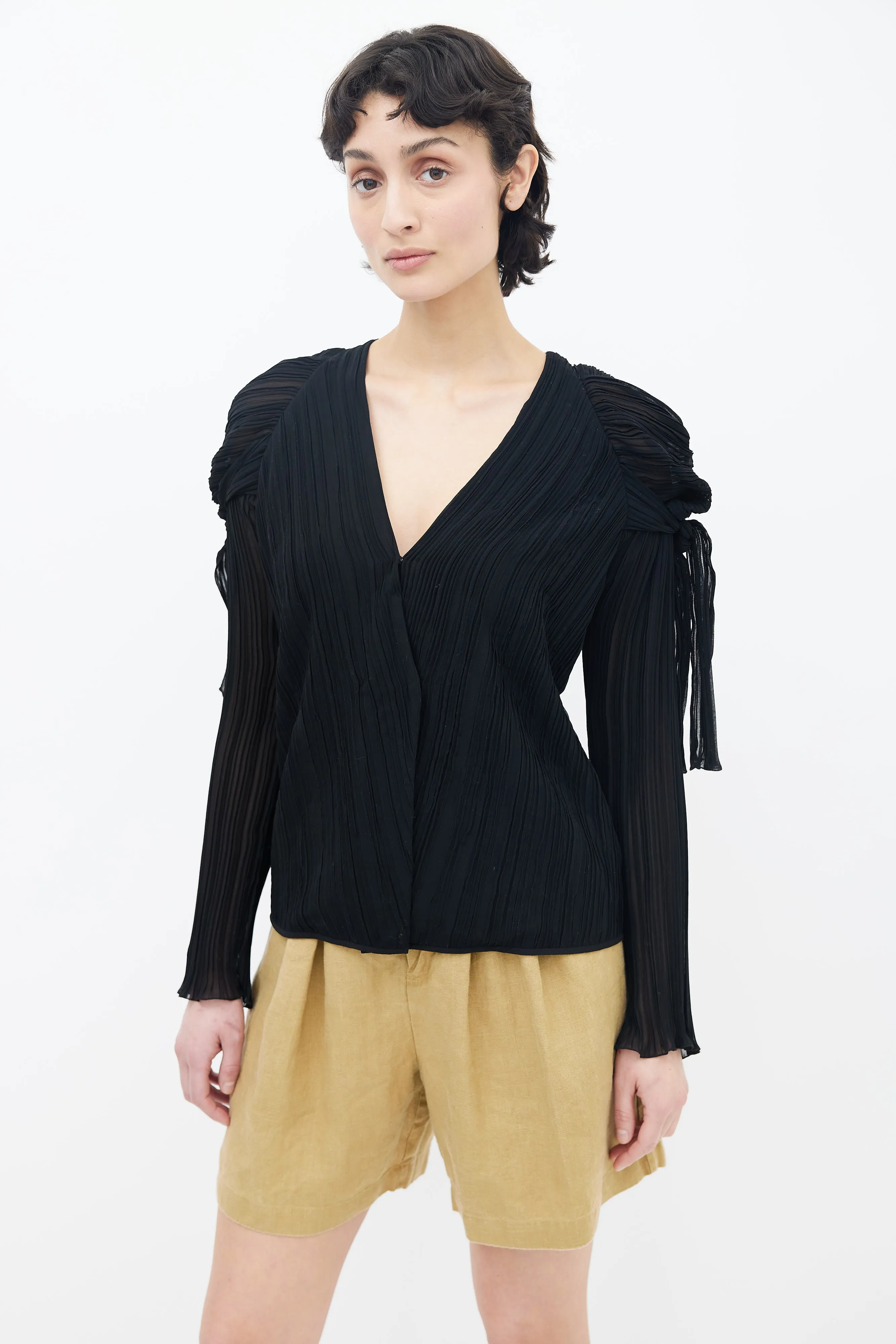 Black Pleated V-Neck Long Sleeve Blouse