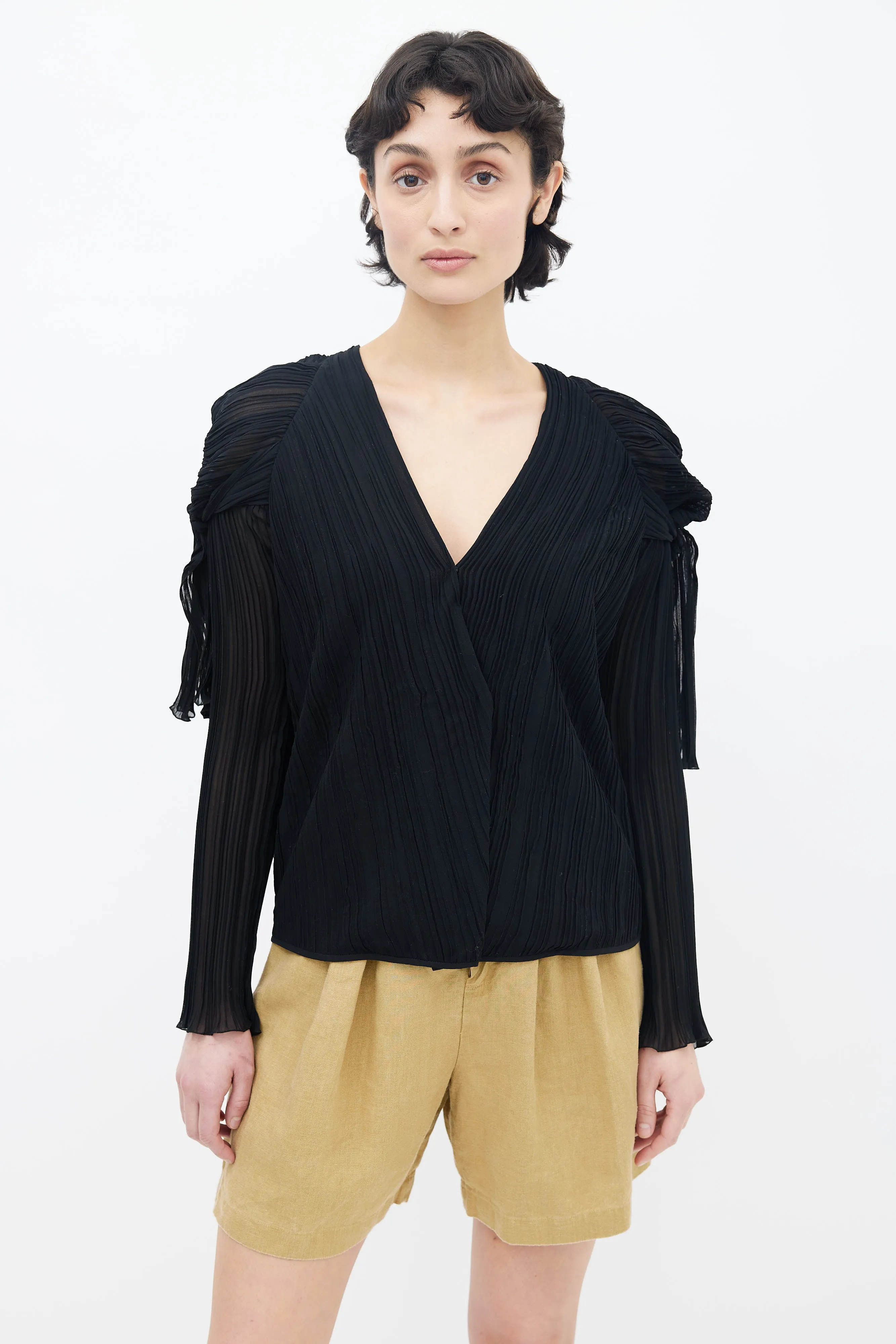 Black Pleated V-Neck Long Sleeve Blouse