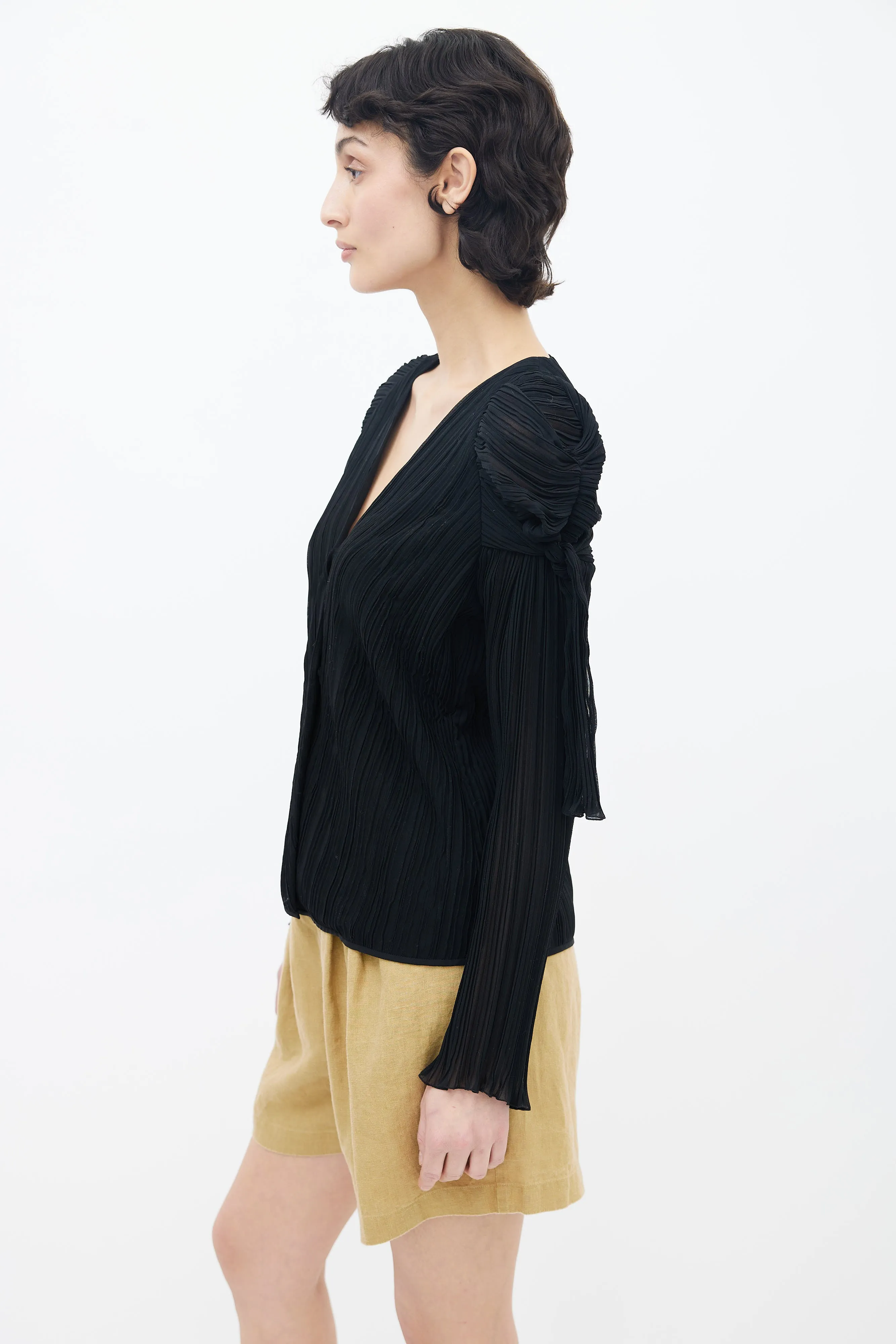 Black Pleated V-Neck Long Sleeve Blouse