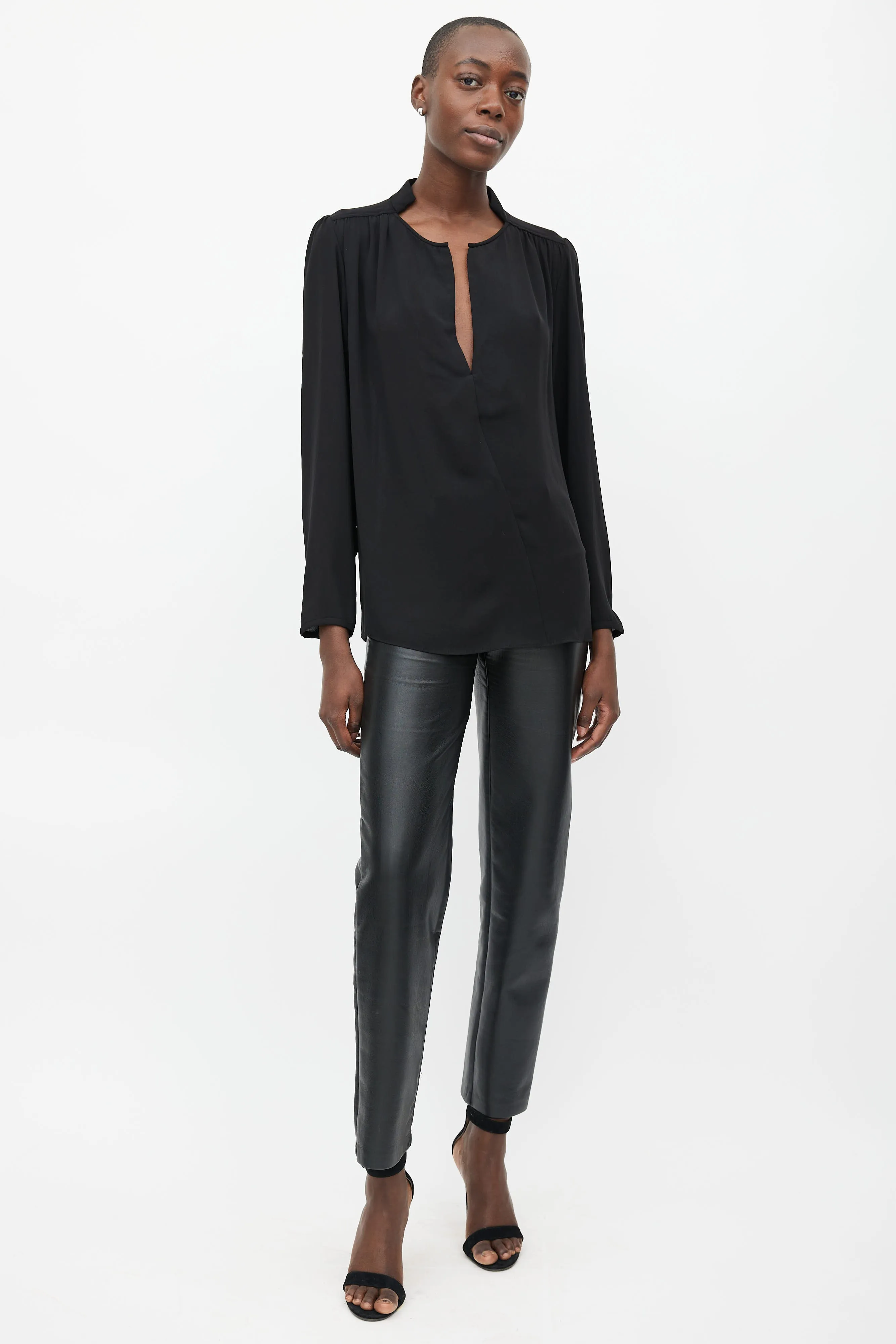 Black V-Neck Long Sleeve Blouse