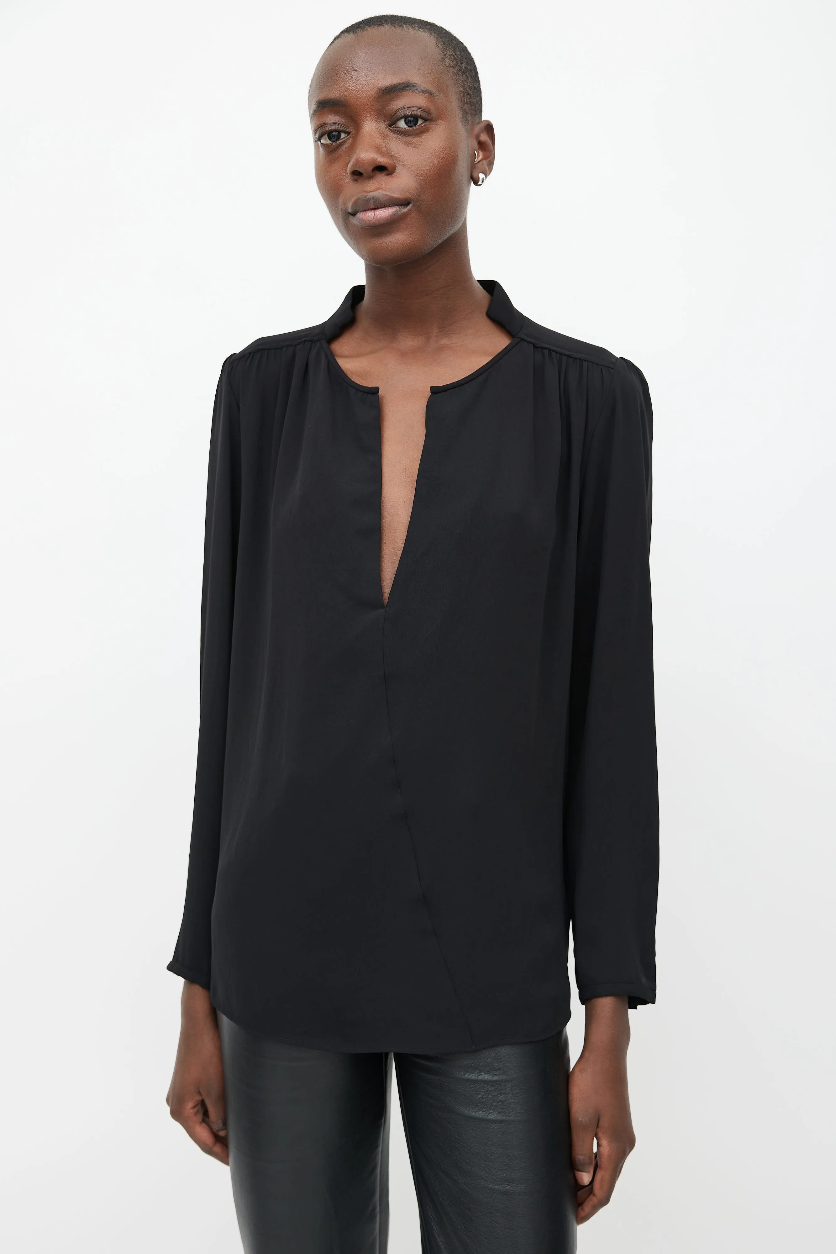Black V-Neck Long Sleeve Blouse
