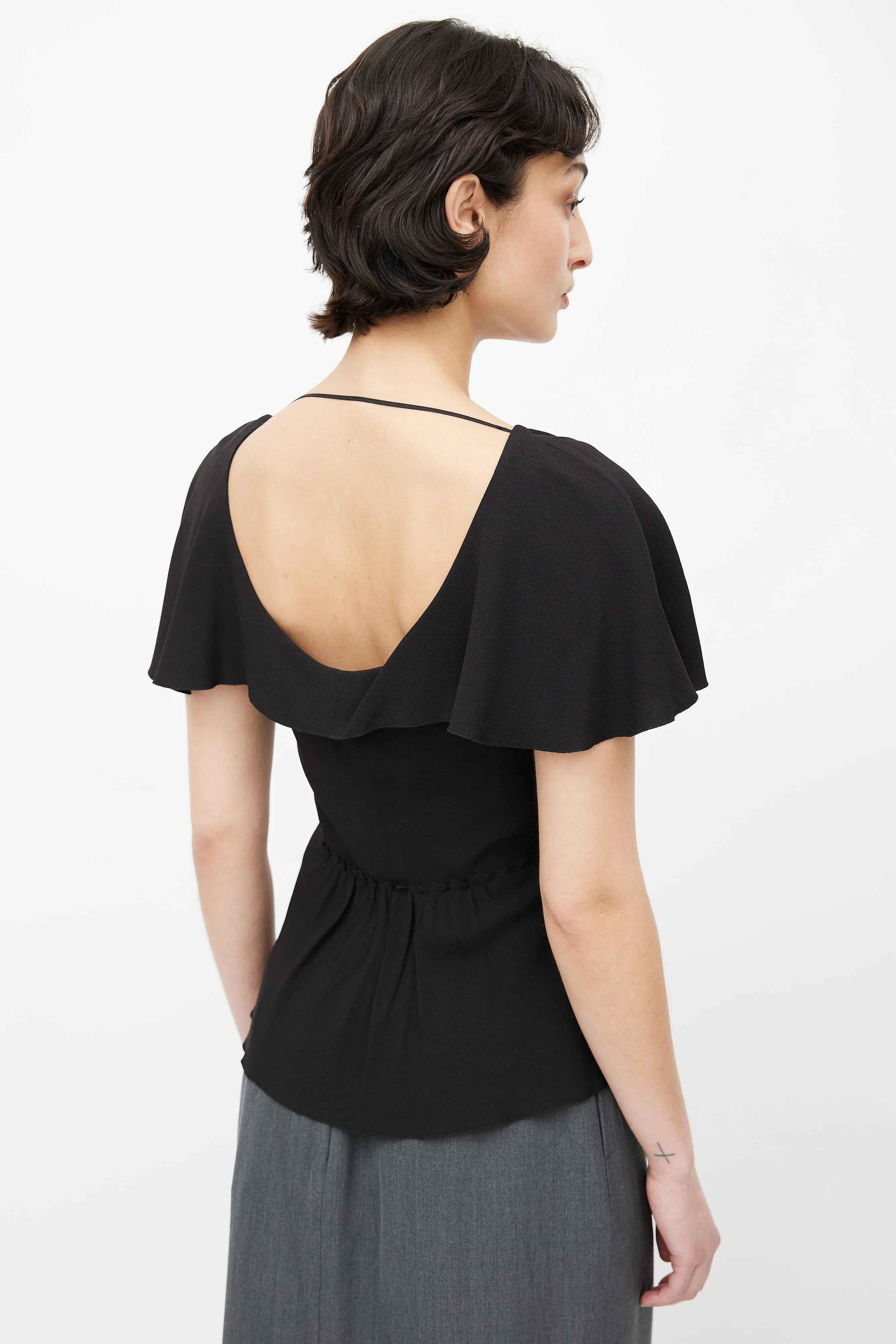 Black V-Neck Pleated Blouse