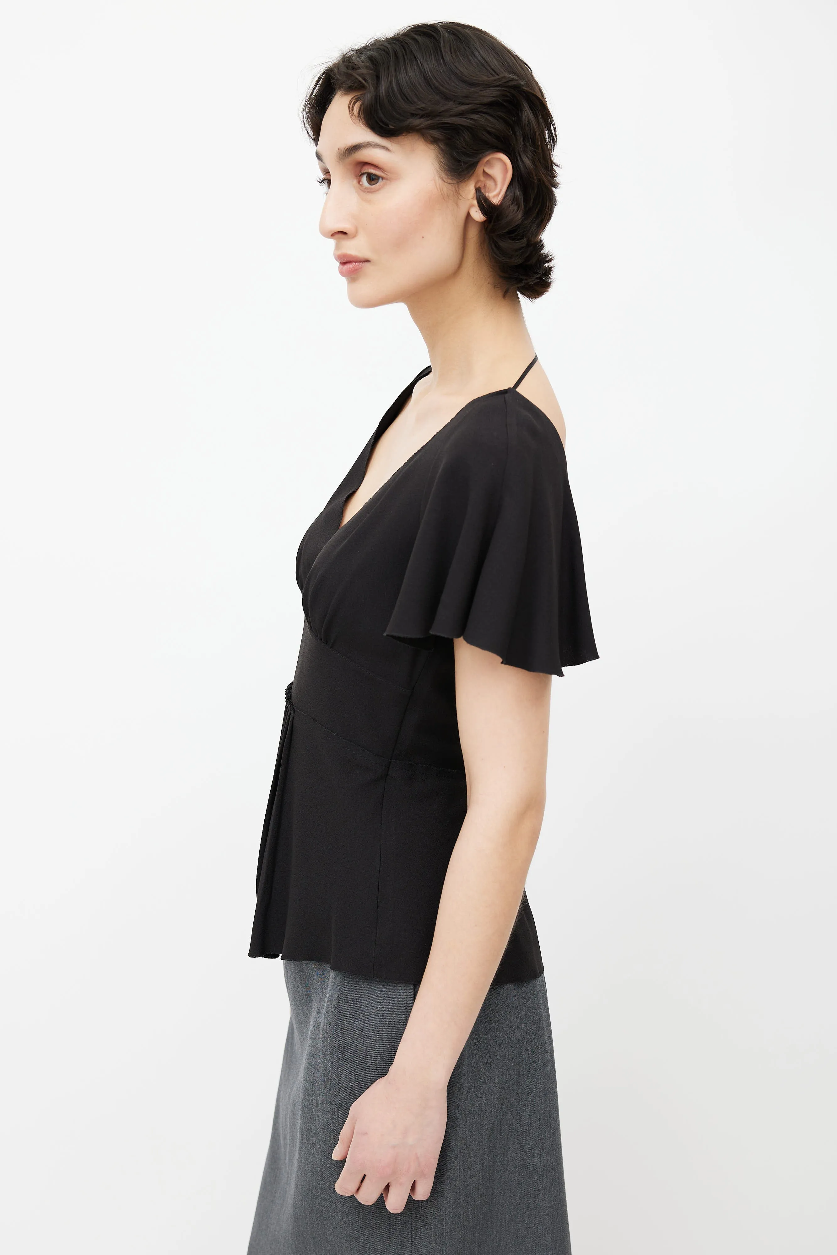 Black V-Neck Pleated Blouse