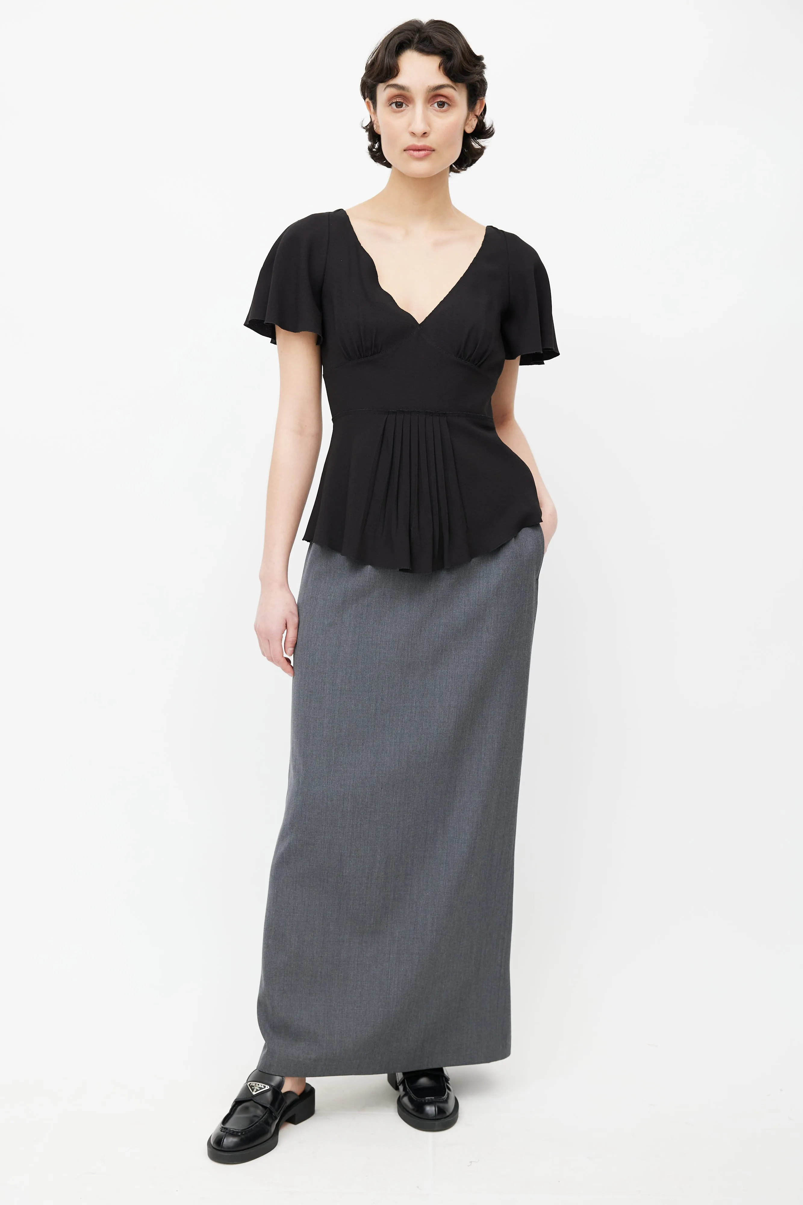 Black V-Neck Pleated Blouse