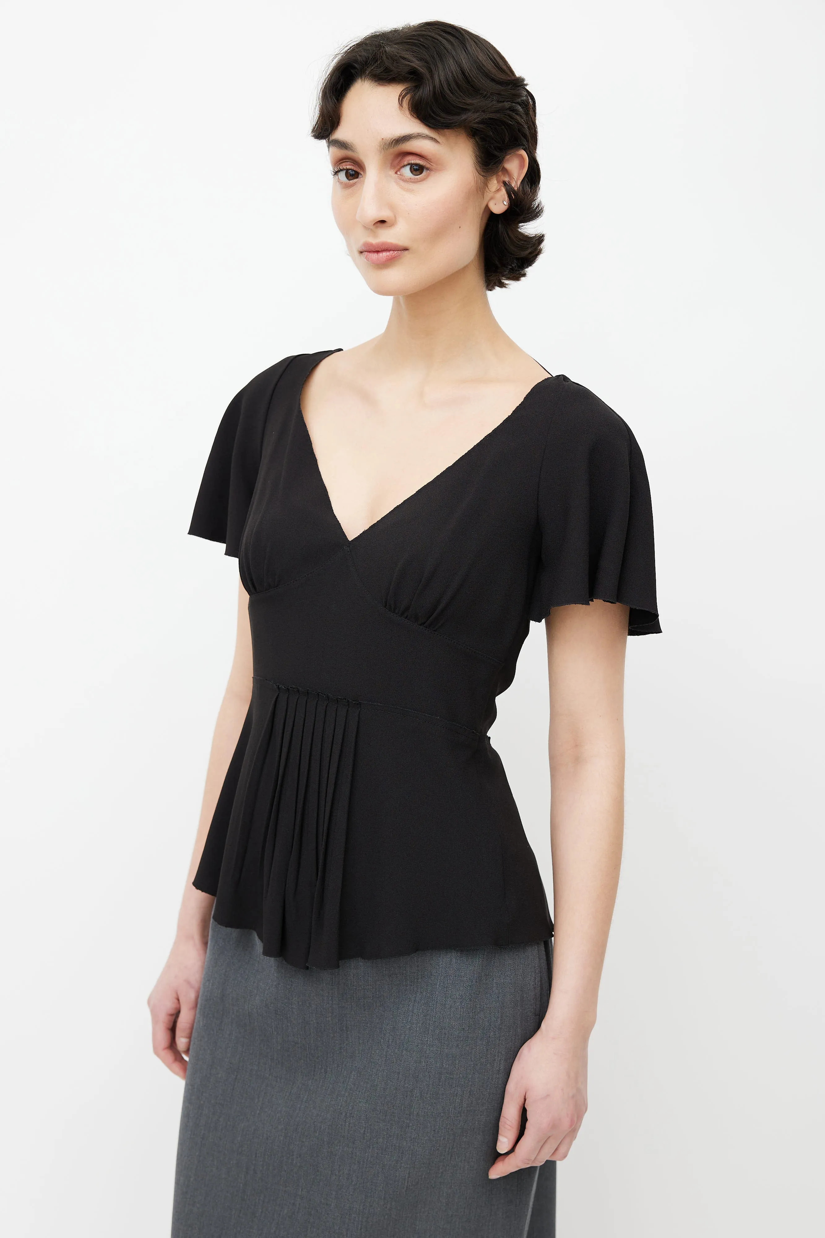 Black V-Neck Pleated Blouse