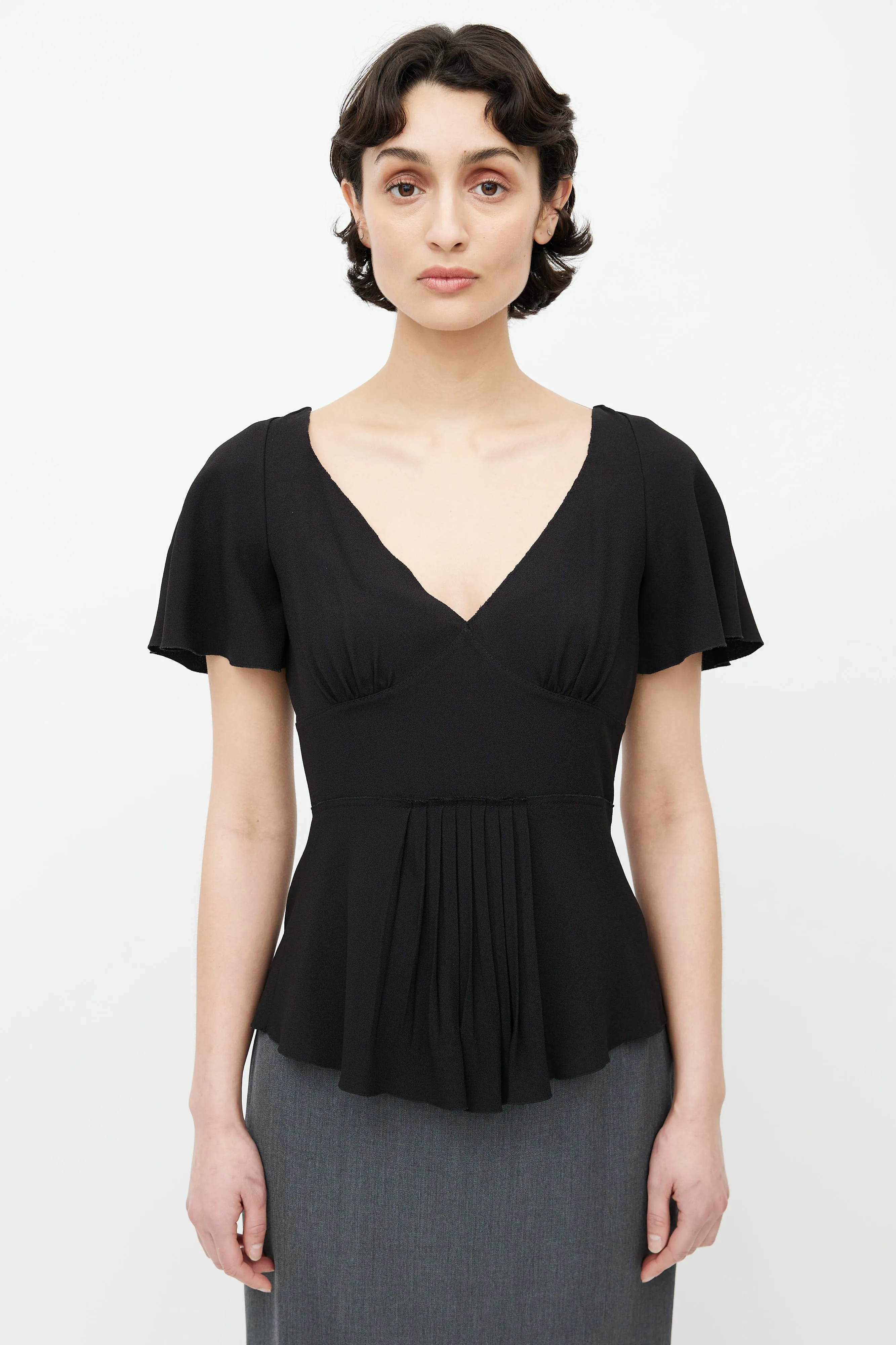 Black V-Neck Pleated Blouse