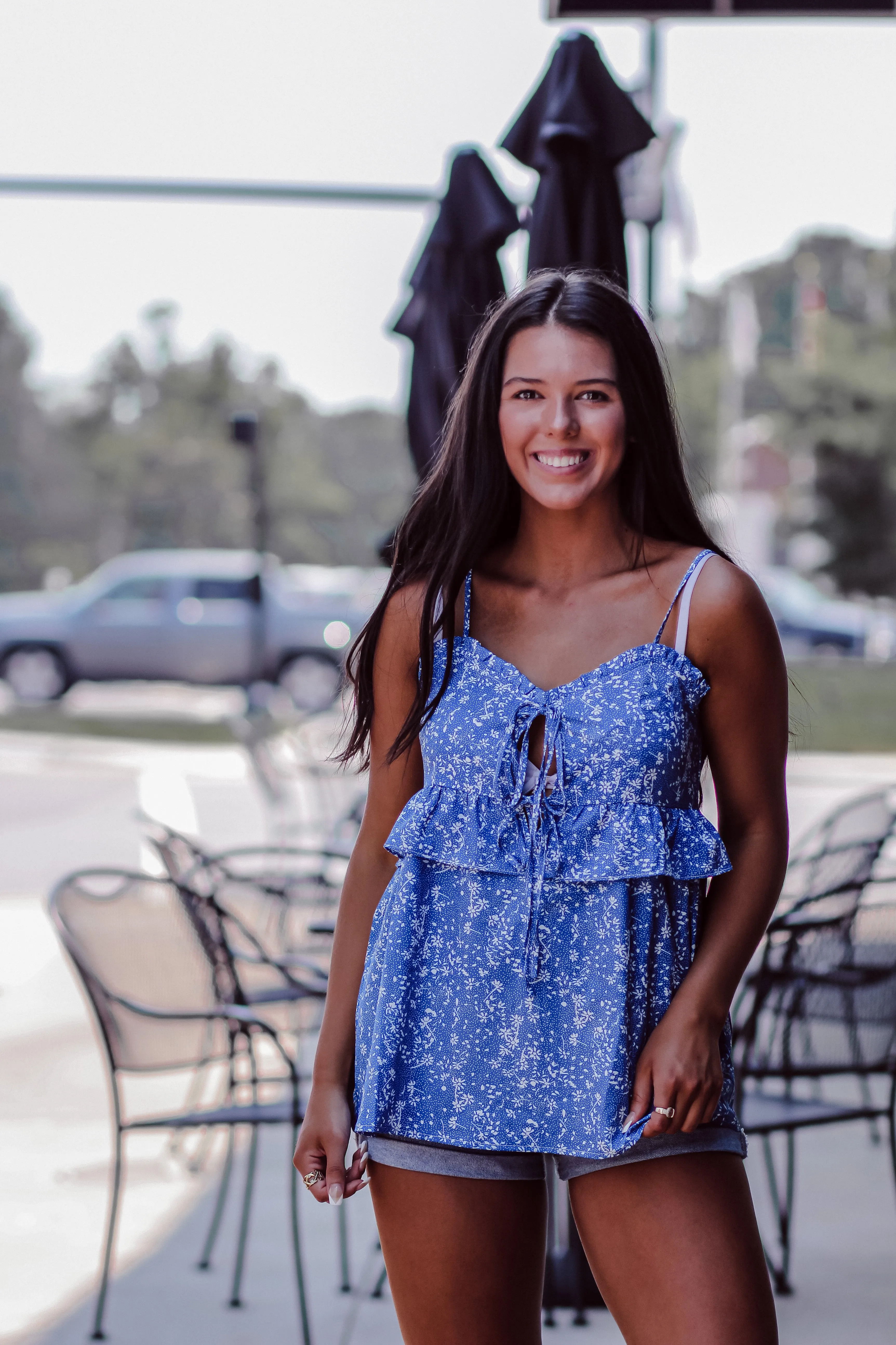 Blue Floral Print Ruffle Cut Out Tank