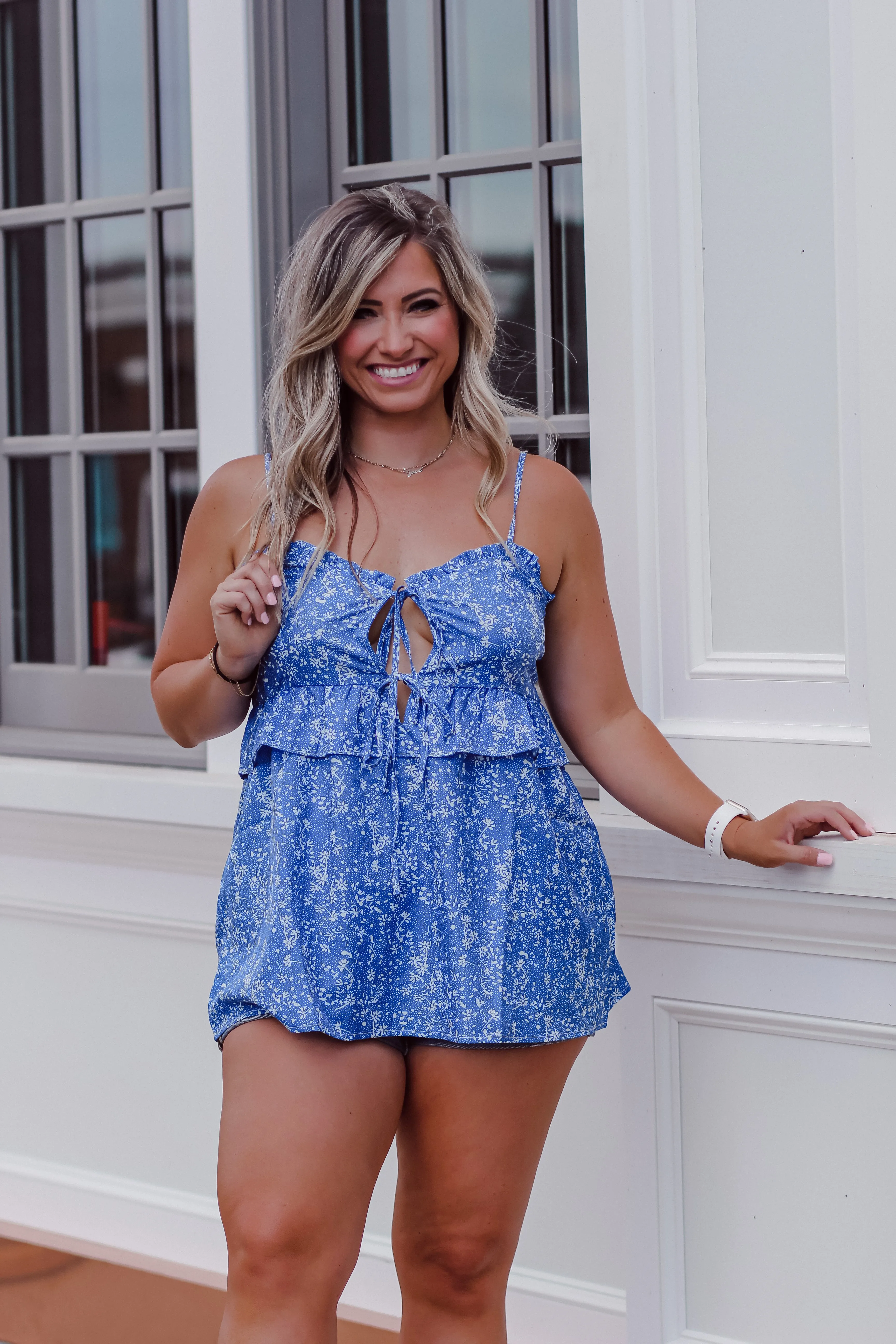 Blue Floral Print Ruffle Cut Out Tank