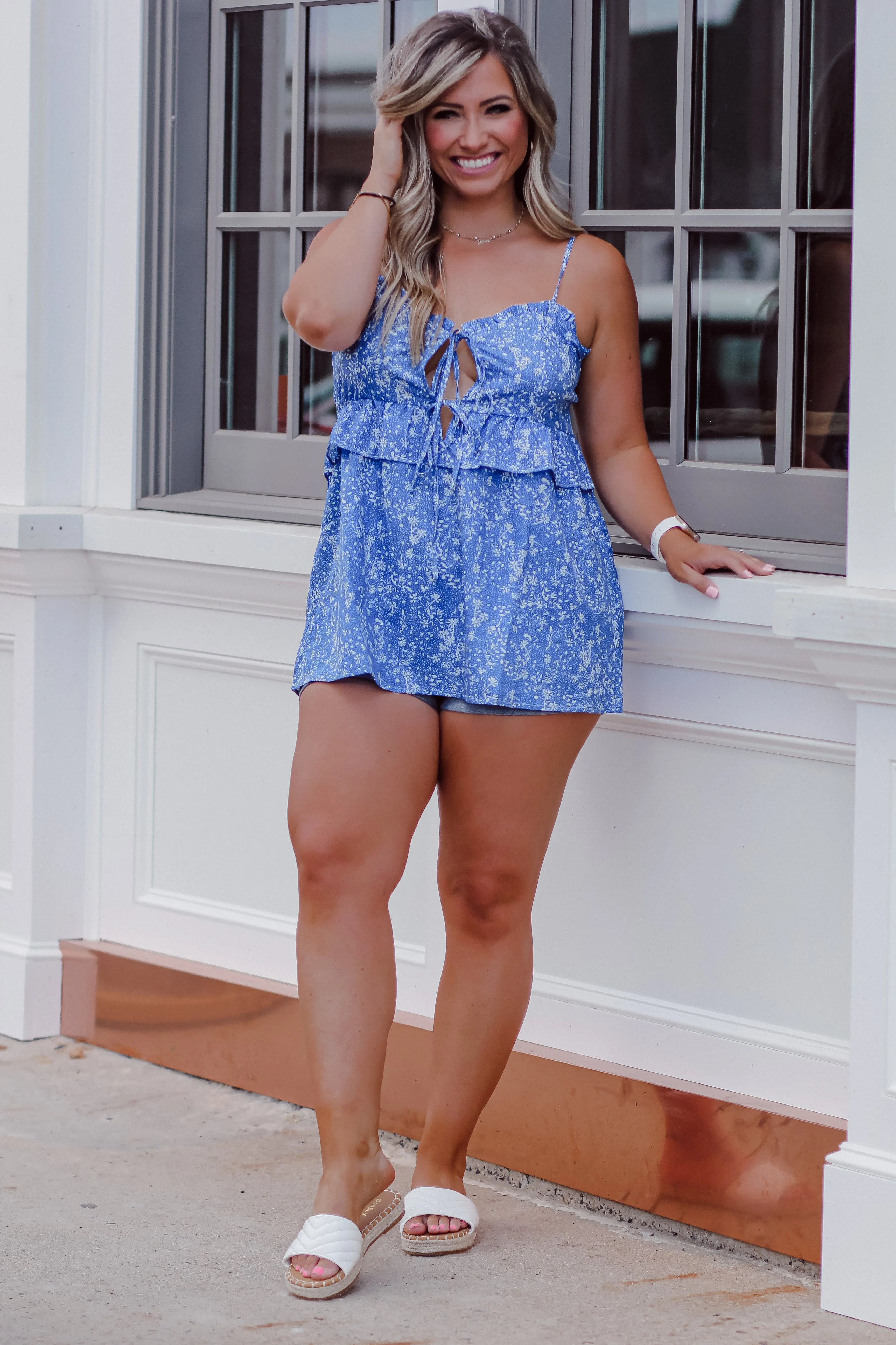 Blue Floral Print Ruffle Cut Out Tank