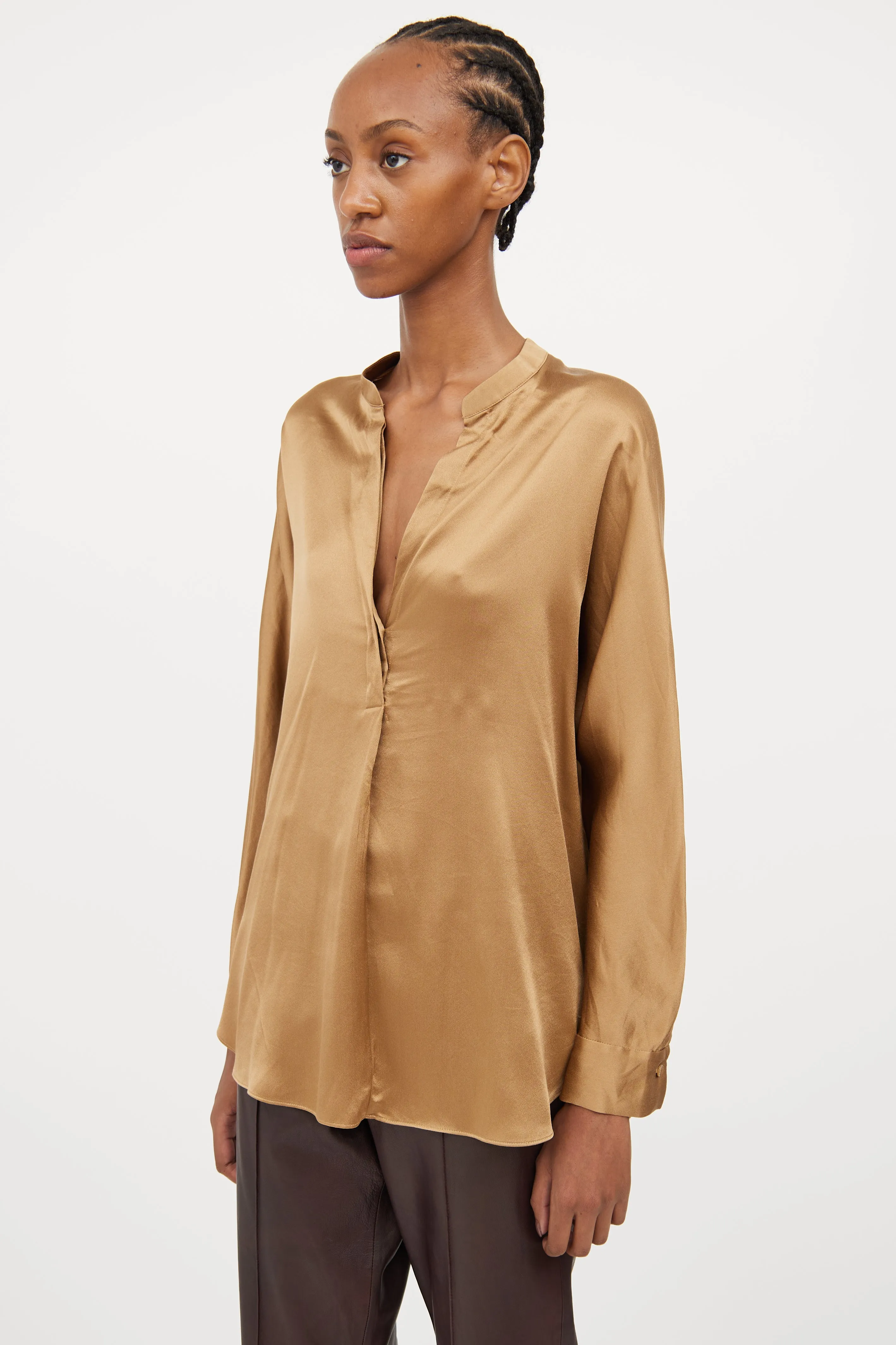 Bronze Silk V-Neck Blouse